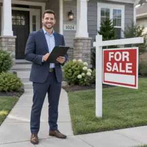 UAD 3.6 new appraisal report. Man standing in front of a house for sale holding a clipboard